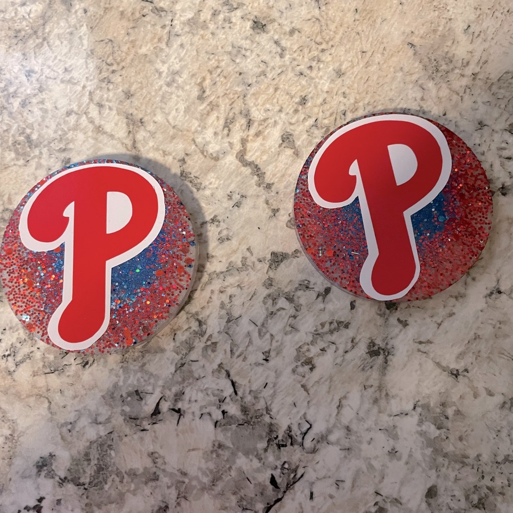 two Phillies coasters epoxy glitter